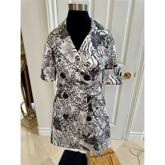 NWT VERTIGO Paris‎ Trench Pea Coat Belted Short Sleeve Double Breasted B &W Sz S